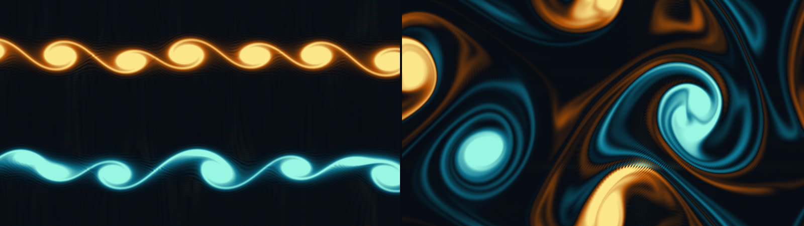 Simulación propia de Navier–Stokes en dos dimensiones. Dos corrientes que fluyen en sentidos opuestos se enrollan en vórtices (izquierda) y terminan en una mezcla turbulenta (derecha); ámbar y verde azulado marcan los dos sentidos de giro. Es ilustrativa: la singularidad del anuncio ocurre en tres dimensiones, y en dos está demostrado que no puede ocurrir.
